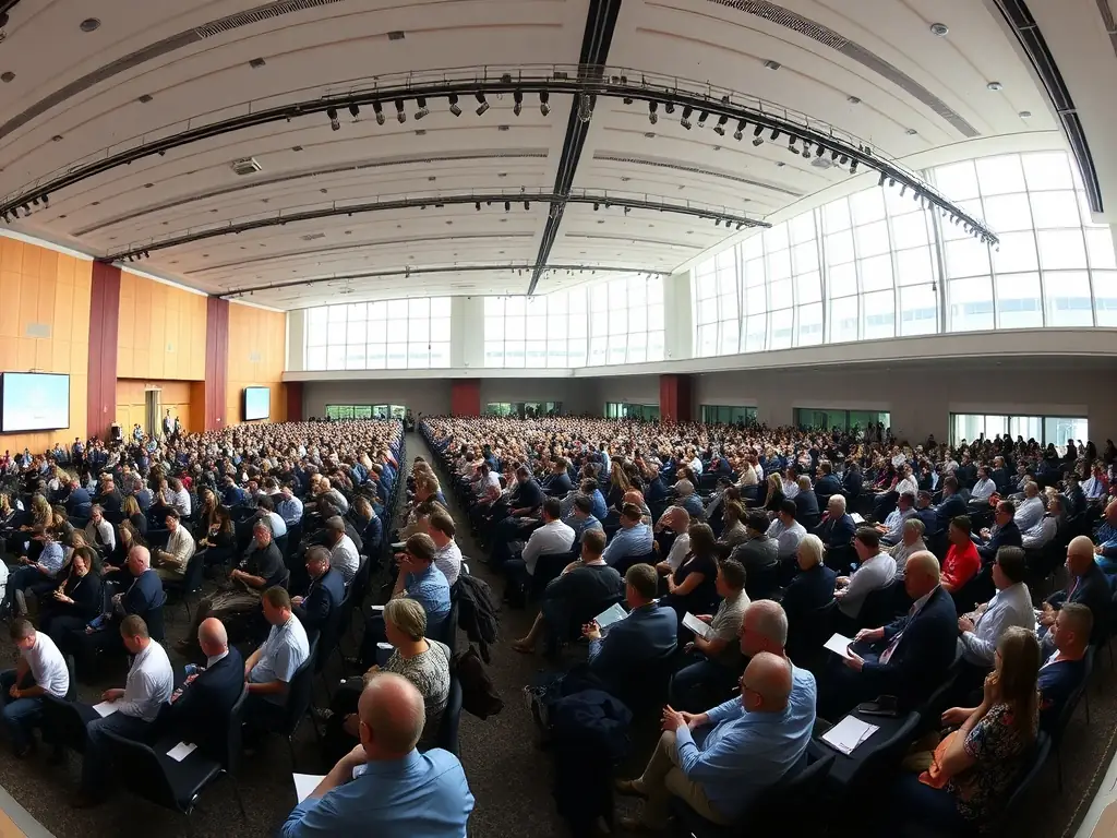 A photograph of a modern conference hall filled with attendees listening to a keynote speaker on stage at a leadership summit in Mumbai, India.