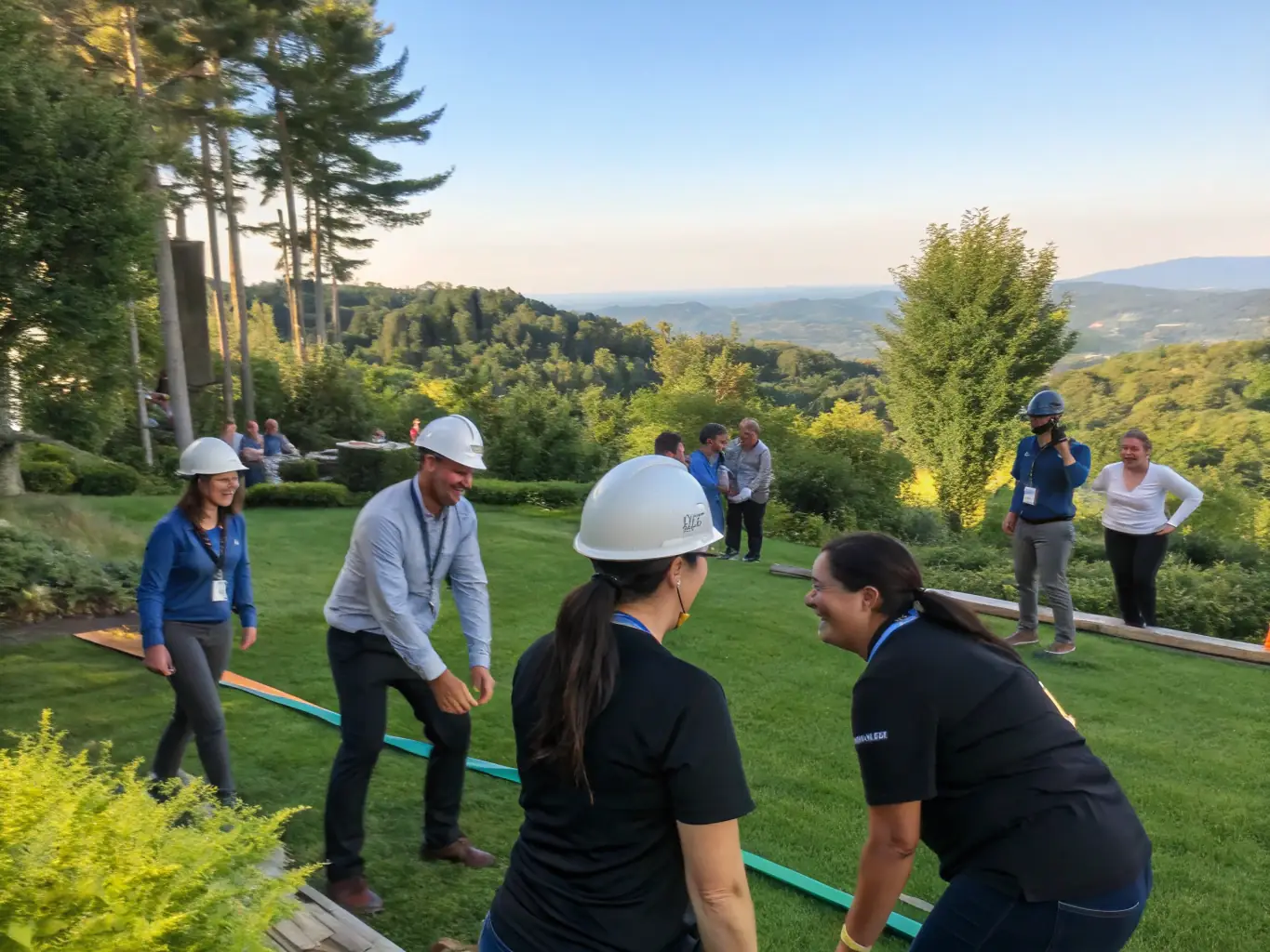 A professional photograph of a corporate gathering, with employees engaging in team-building activities and discussions, set in a resort or outdoor setting.