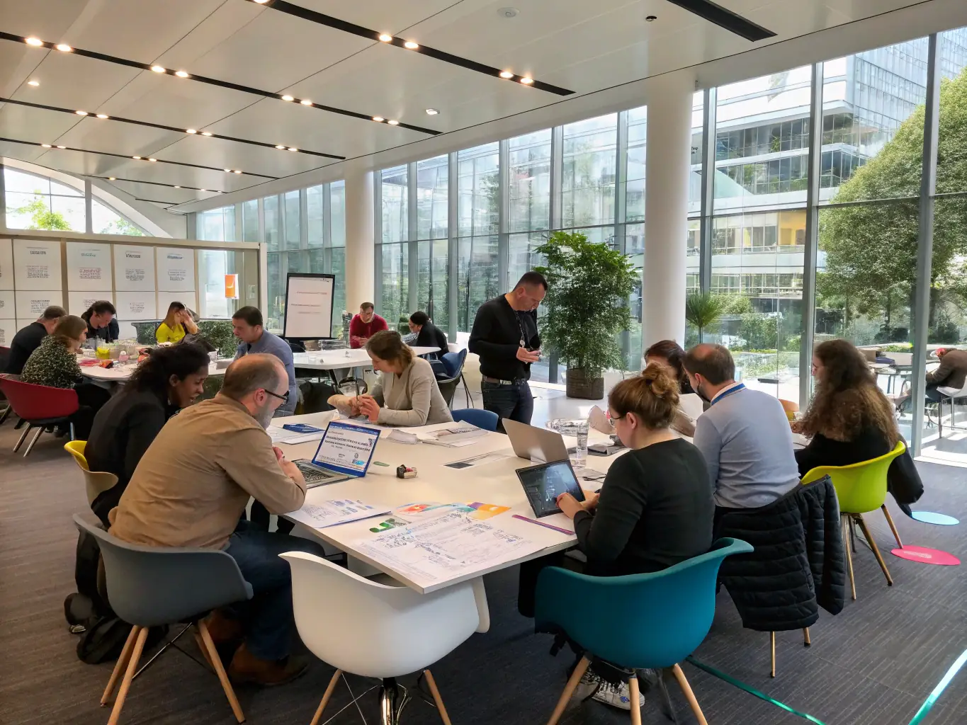 A vibrant photograph capturing the energy of a business conference, with attendees actively participating in a workshop session, set against a modern conference venue backdrop.