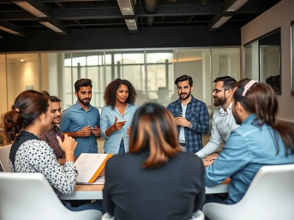 A dynamic image showcasing a startup meet, with entrepreneurs pitching their ideas to investors and mentors, set in a co-working space environment.
